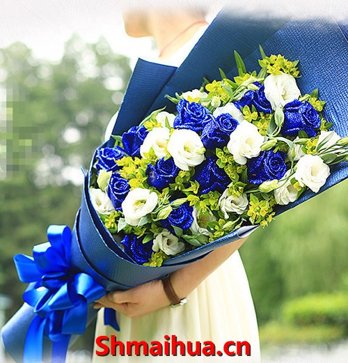 玫瑰心语-11枝支蓝色玫瑰，11枝支白色玫瑰，搭配黄莺 蓝色卷边纸扇形包装，蓝色蝴蝶结